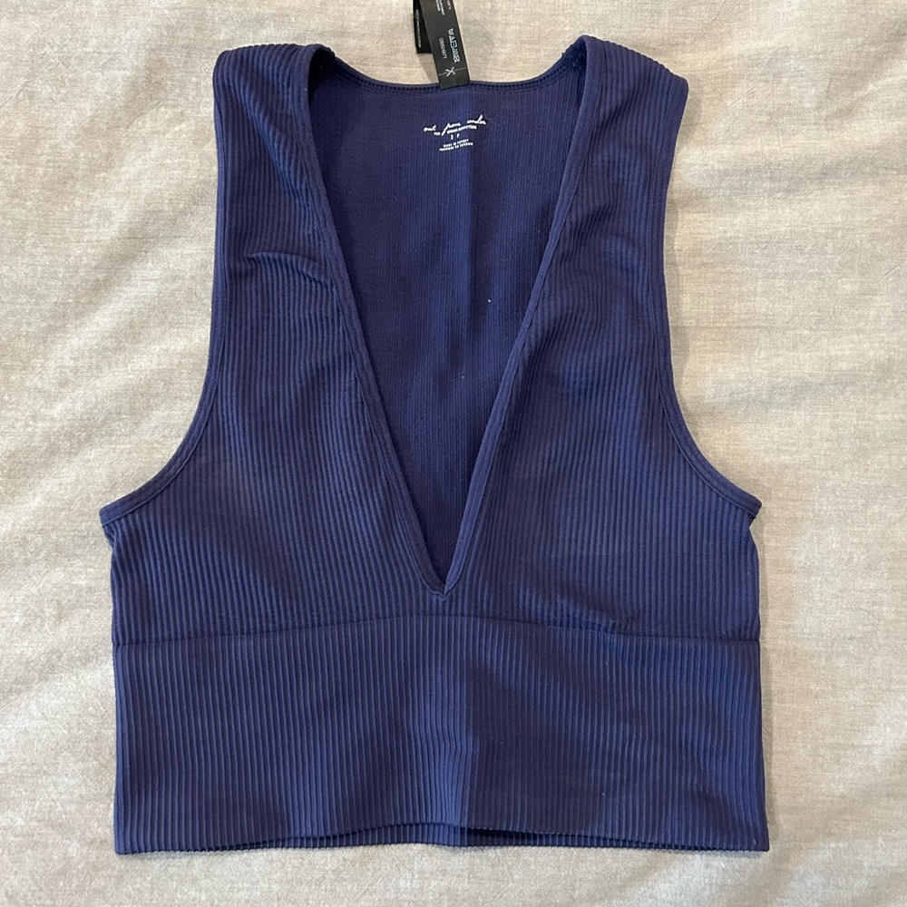 Out From Under by UO Blue ribbed crop top with deep-V neck